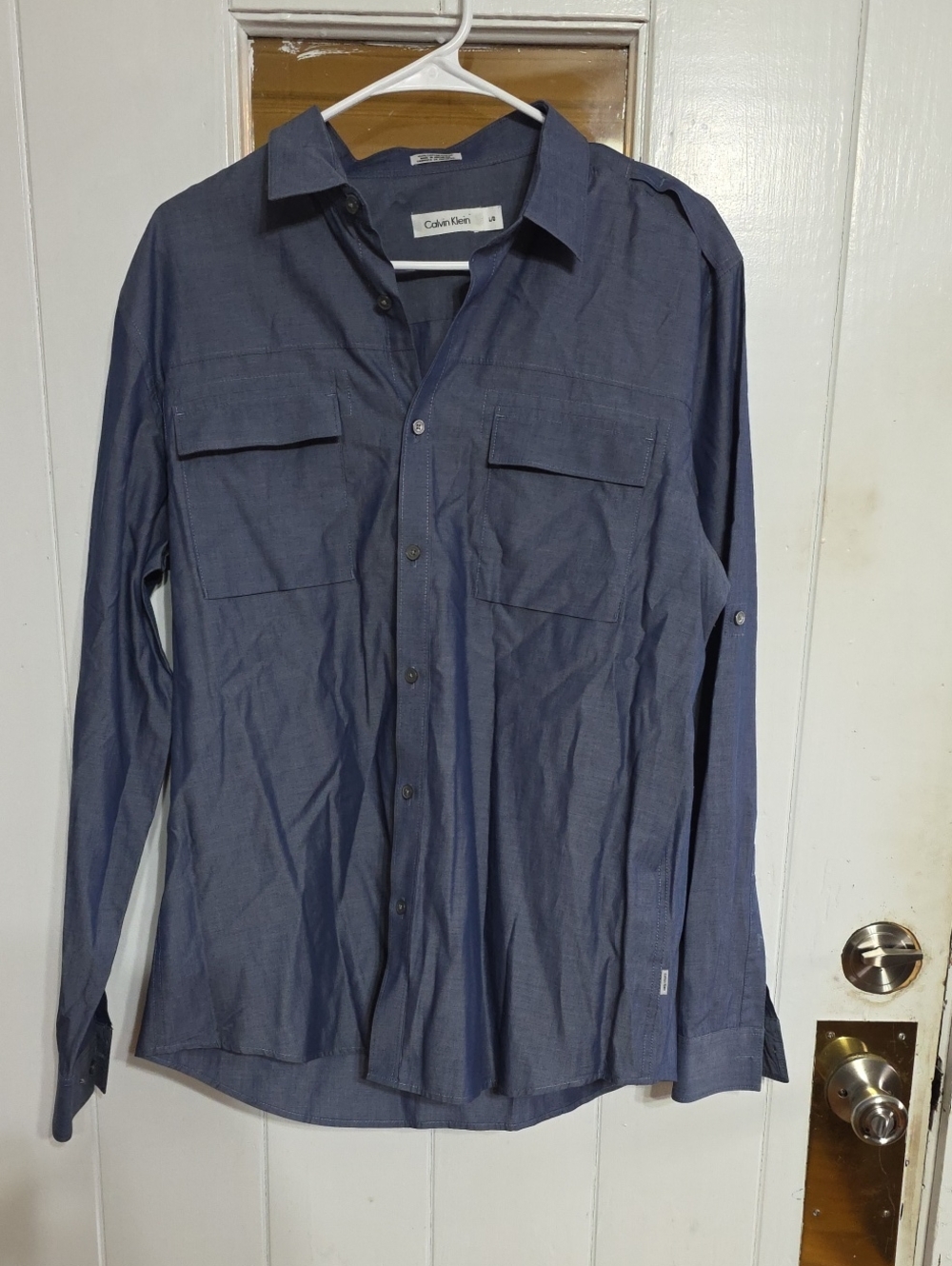Calvin Klein Mens? Navy Blue Long-Tab Sleeve Button Shirt Cotton Pockets L READ